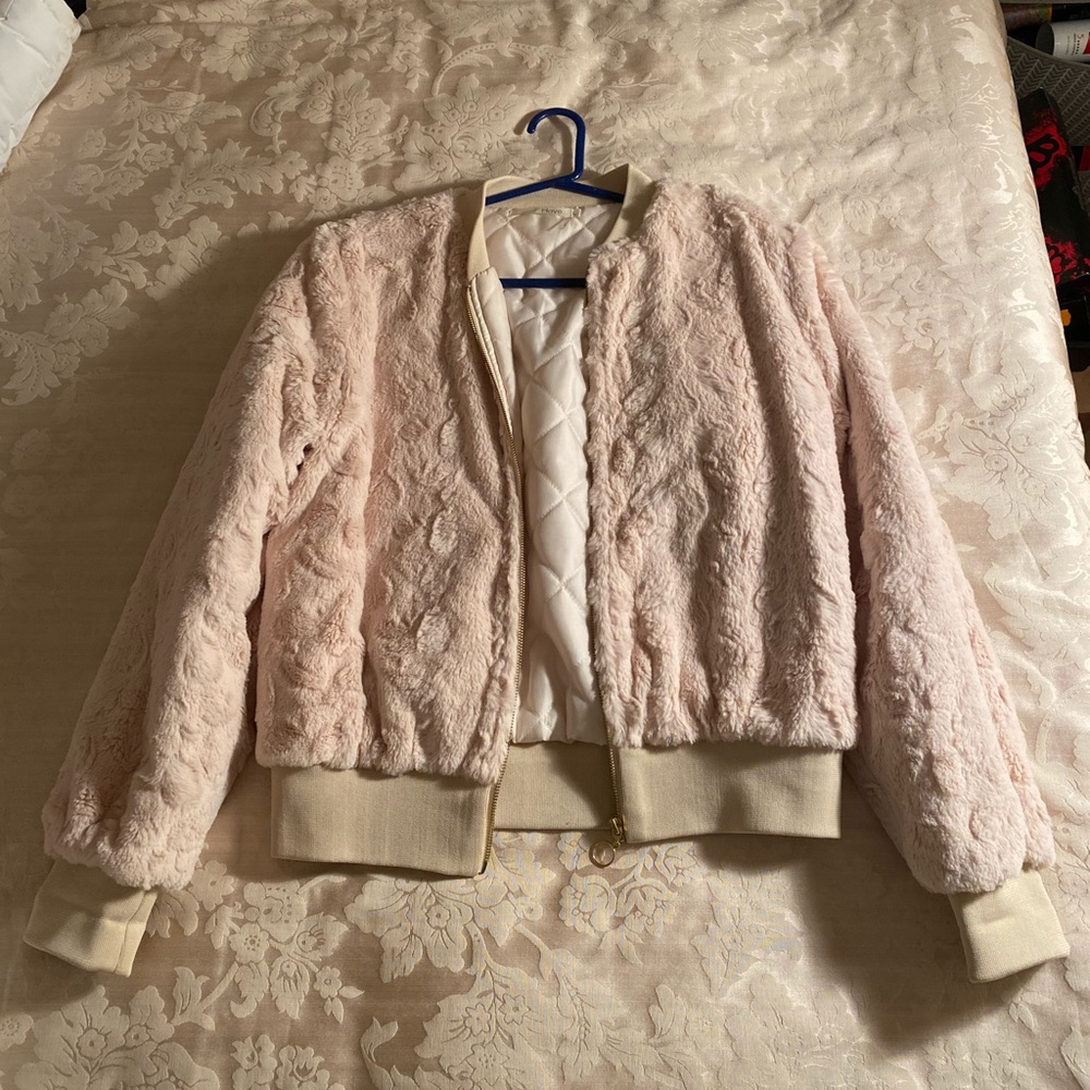 Faux fur light peach color bomber jacket